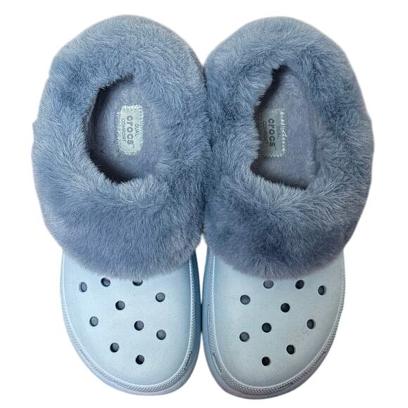 Crocs Blue Calcite Furever Crush Faux Fur Lined Slip On Unisex Shoes M 7/W 9 EUC - Picture 2 of 12